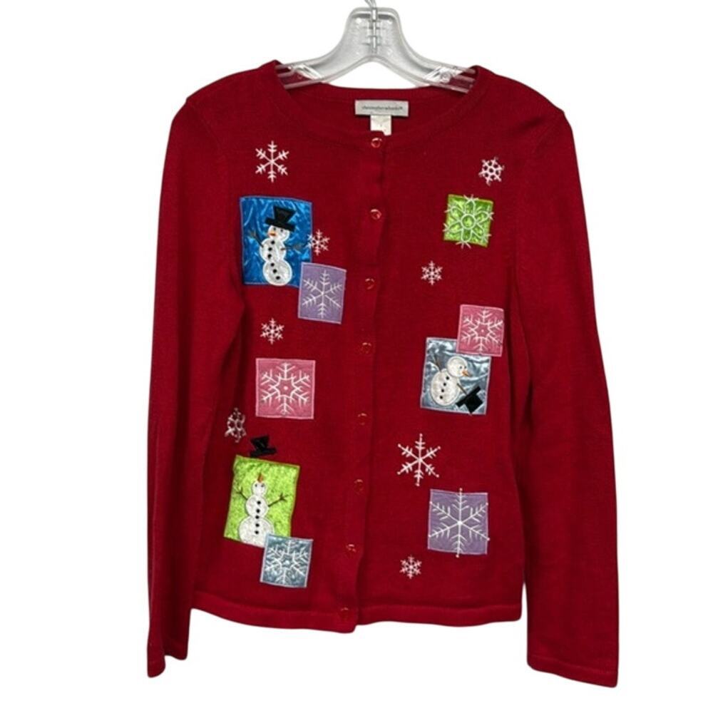 Christopher & Banks‎ Ugly Red Christmas Holiday Snowman Sweater Size Small (S)